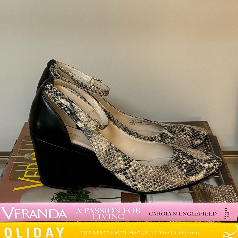 Size 9 Cole Haan snakeskin and black wedge heel with ankle strap